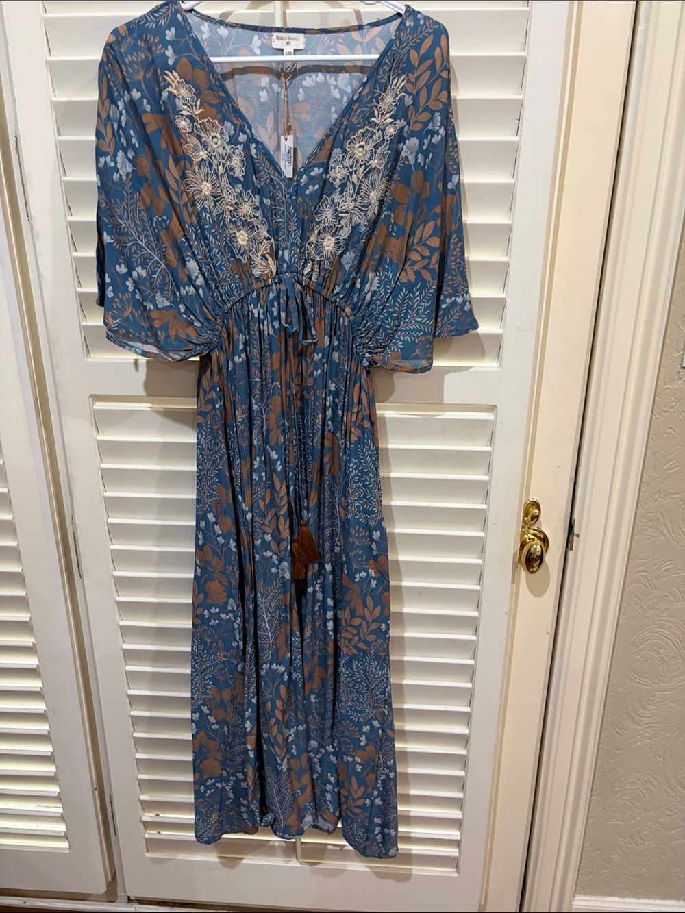Cost Plus World Market Blue and Brown Floral Embroidered Maxi Dress. S/M NWT
